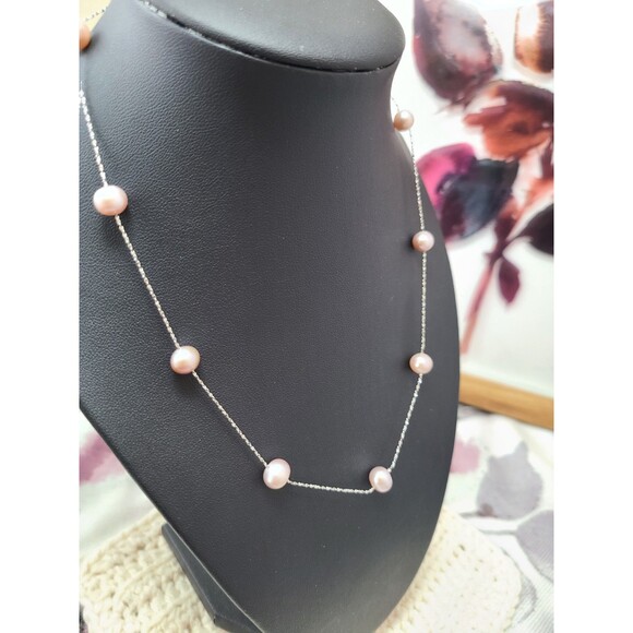 Sterling Silver Floating Pink Pearl Necklace 18" Dainty Elegant Bridal Jewelry - Picture 2 of 8